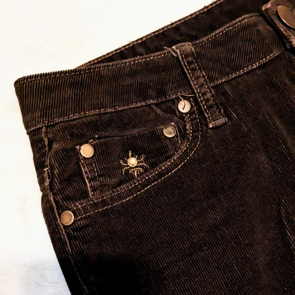 Fashion Bug Corduroy Flared Pants Dark Brown Stretch Embroidery Cotton Fall